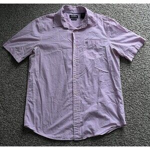 Mens Medium Chaps Easy Care White/Pink Checkered Button Front Short Sleeve Shirt